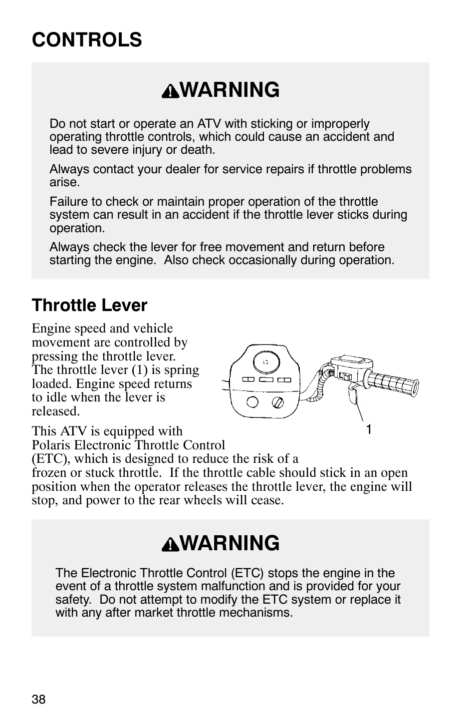 Warning, Controls, Throttle lever | Polaris Scrambler 500 User Manual | Page 40 / 153