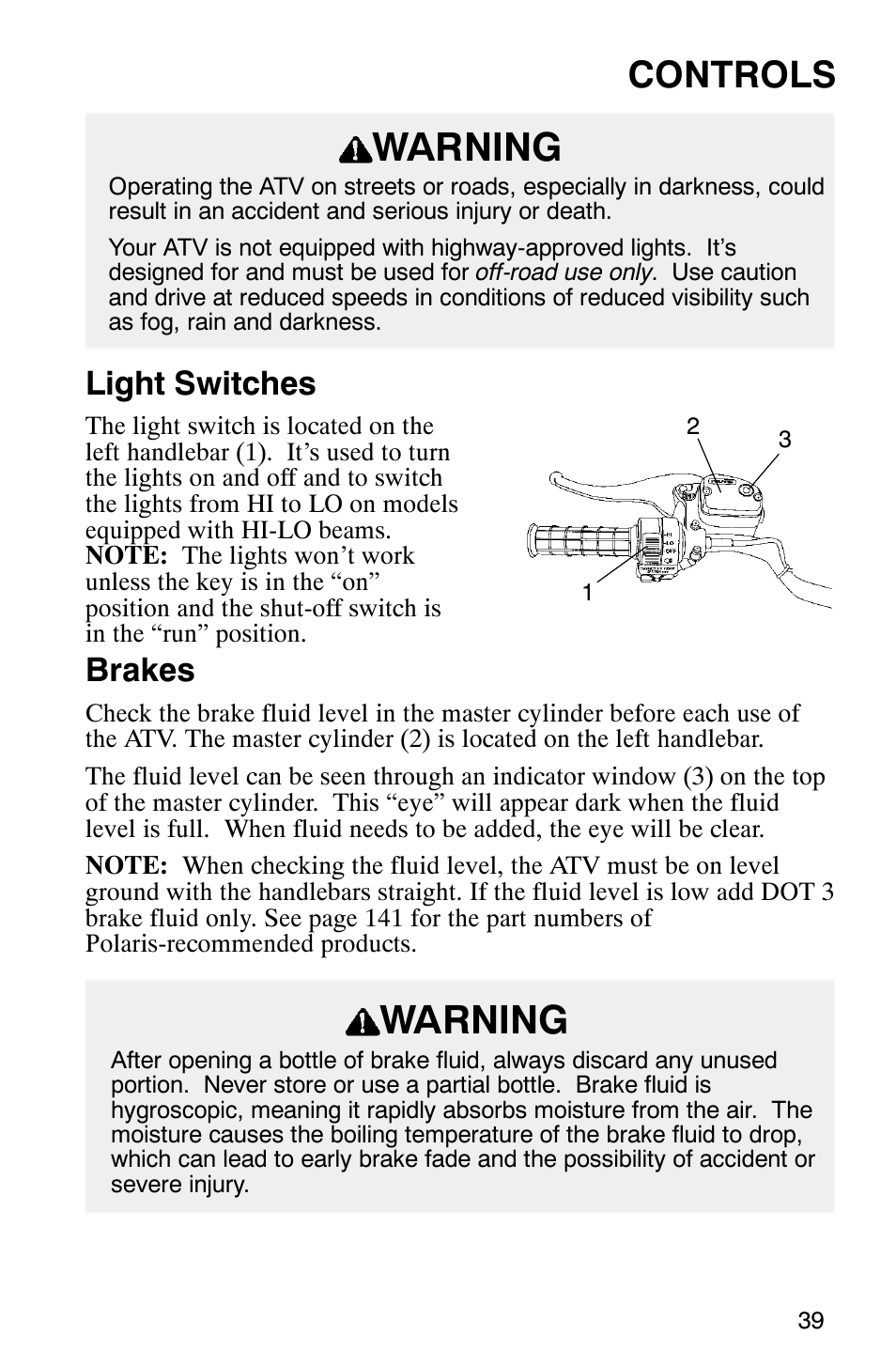 Warning, Controls, Light switches | Brakes | Polaris Scrambler 500 User Manual | Page 41 / 153