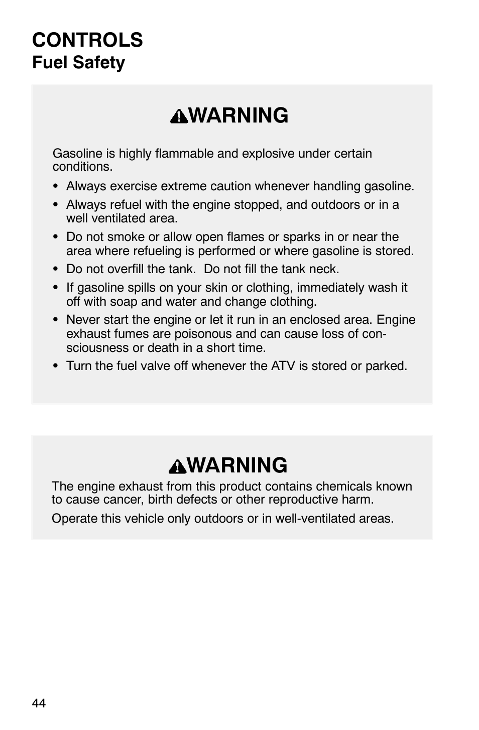 Warning, Controls, Fuel safety | Polaris Scrambler 500 User Manual | Page 46 / 153