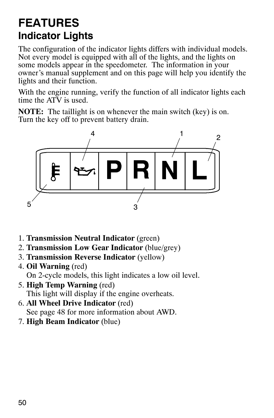 Features, Indicator lights | Polaris Scrambler 500 User Manual | Page 52 / 153