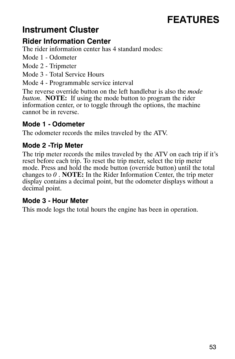 Features, Instrument cluster | Polaris Scrambler 500 User Manual | Page 55 / 153