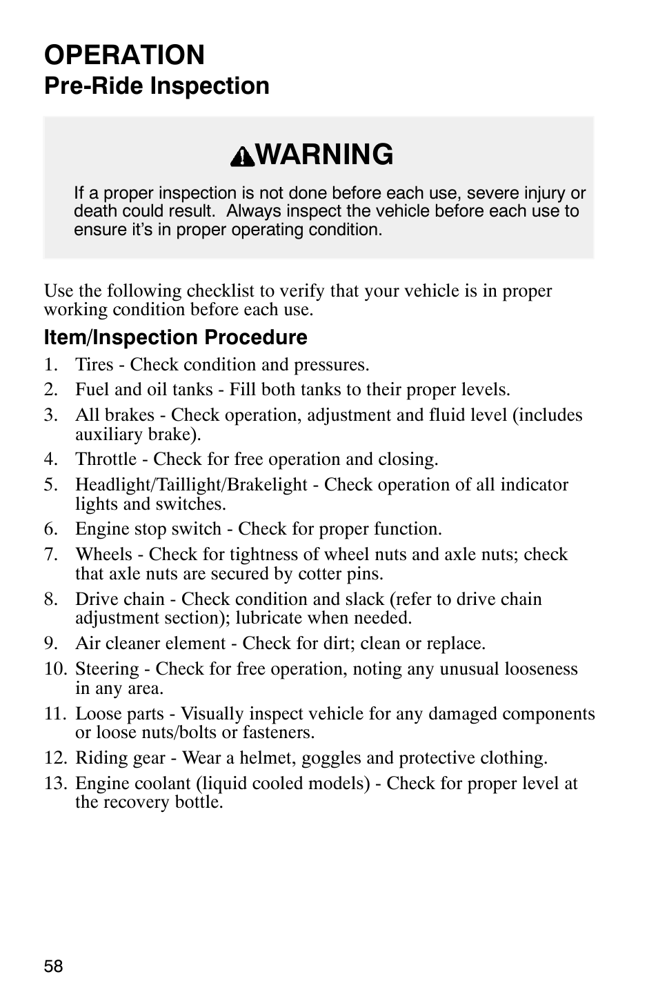 Warning, Operation, Pre-ride inspection | Polaris Scrambler 500 User Manual | Page 60 / 153