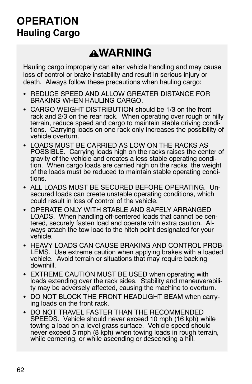 Warning, Operation, Hauling cargo | Polaris Scrambler 500 User Manual | Page 64 / 153