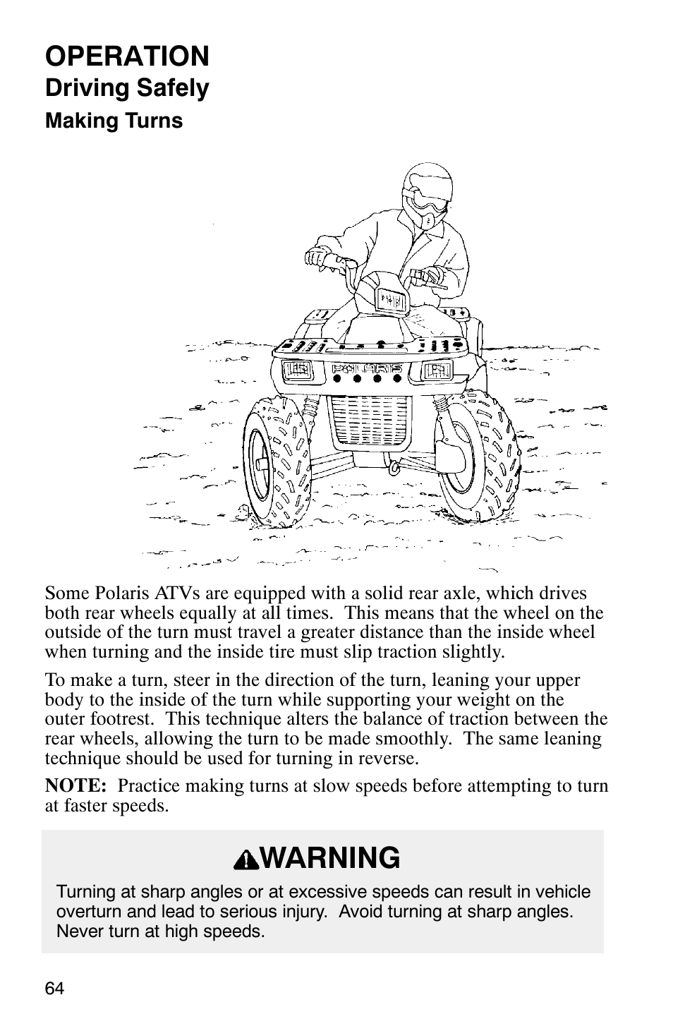 Warning, Operation, Driving safely | Polaris Scrambler 500 User Manual | Page 66 / 153