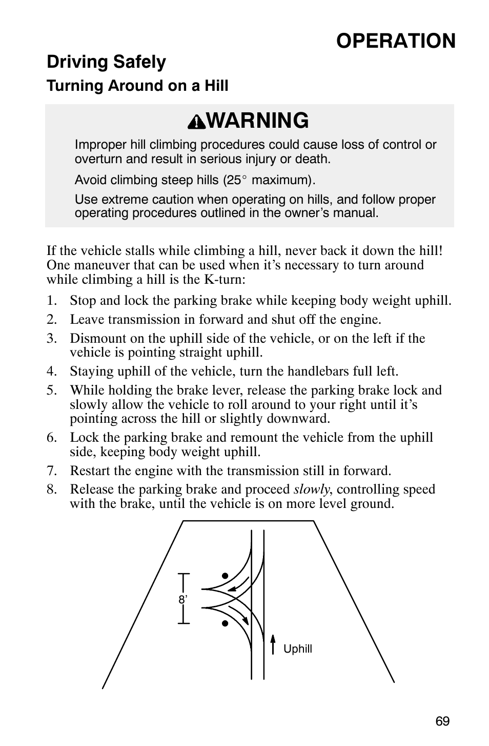 Warning, Operation, Driving safely | Polaris Scrambler 500 User Manual | Page 71 / 153