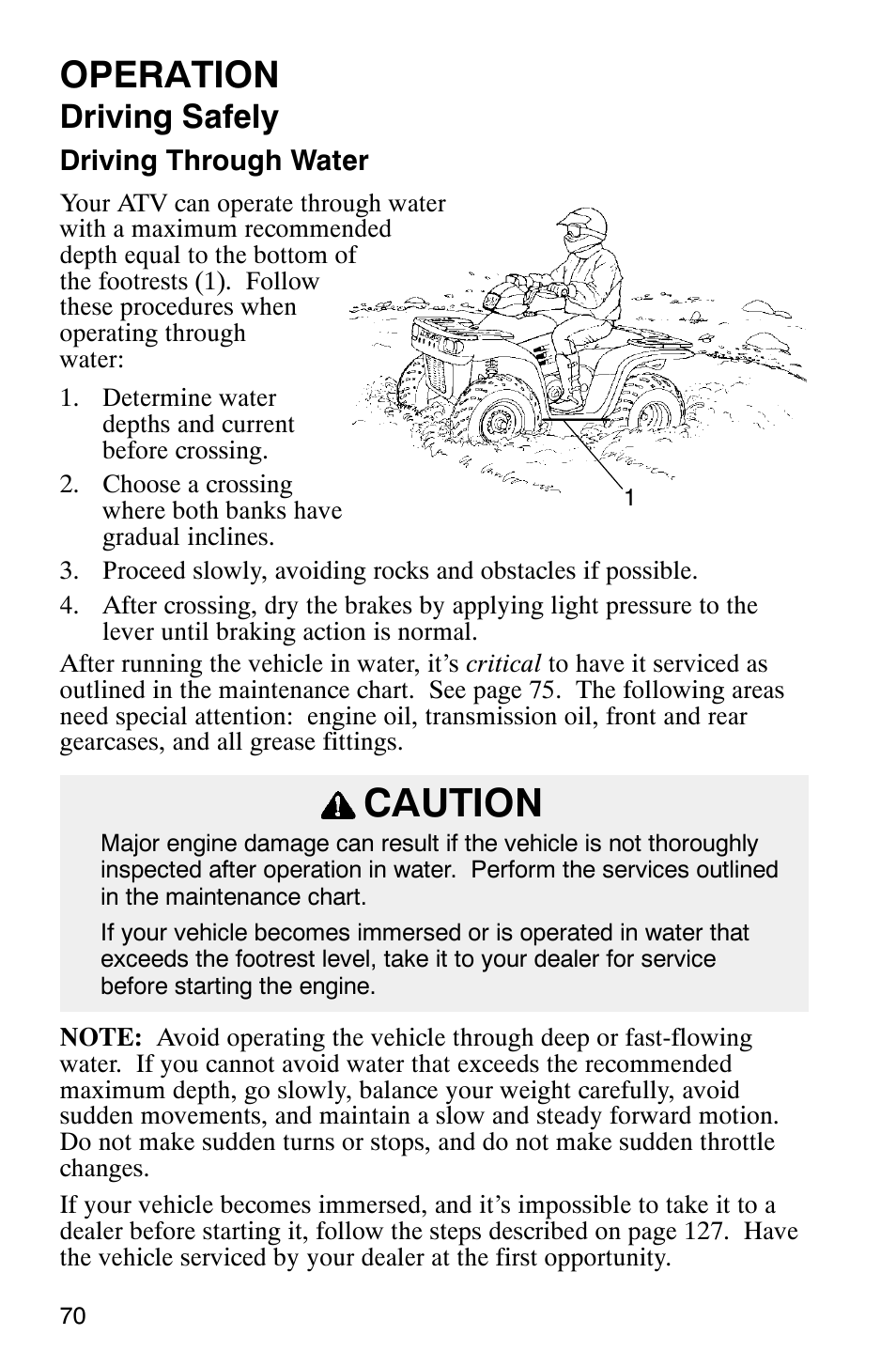 Caution, Operation, Driving safely | Polaris Scrambler 500 User Manual | Page 72 / 153