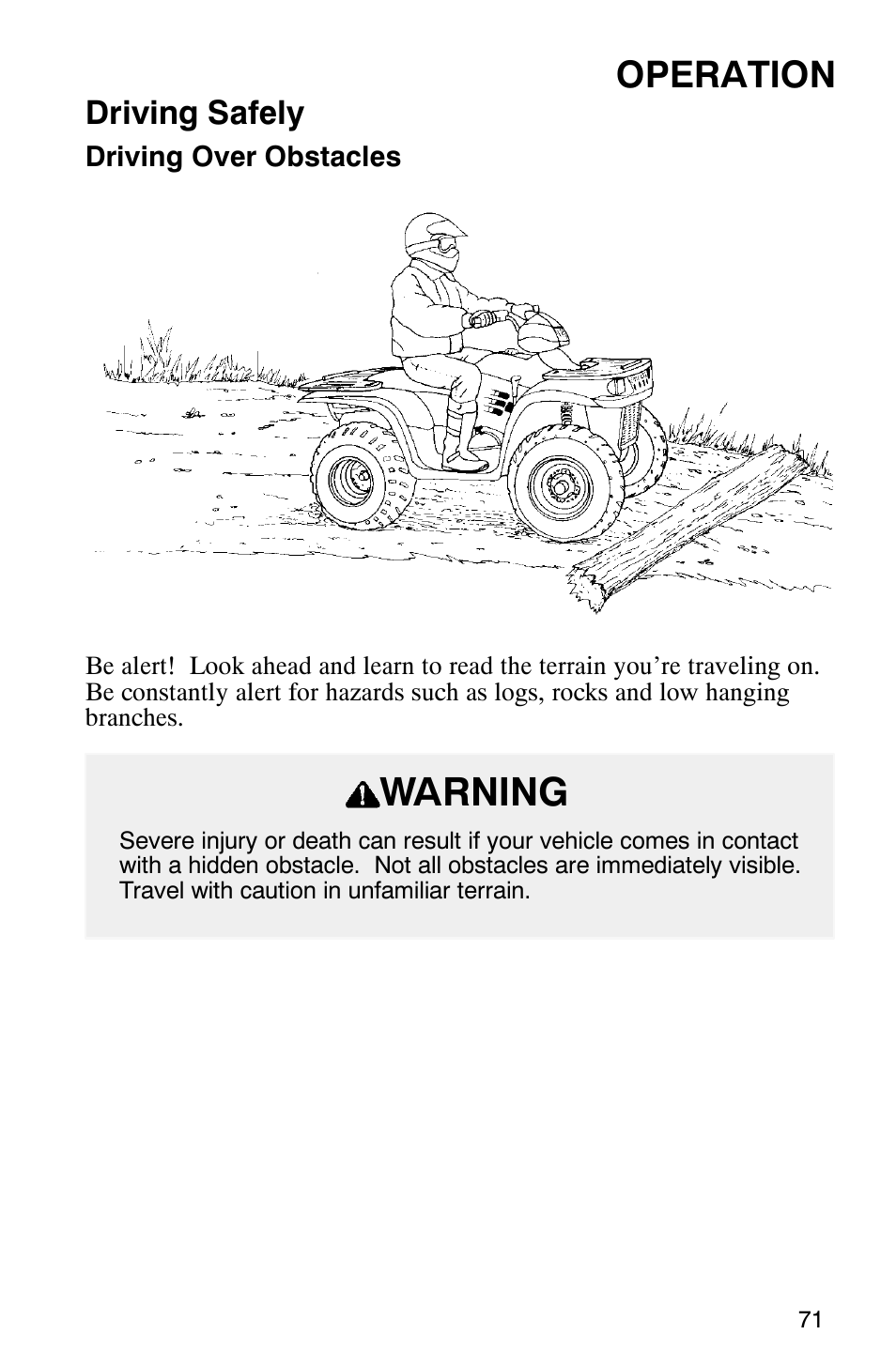 Warning, Operation, Driving safely | Polaris Scrambler 500 User Manual | Page 73 / 153