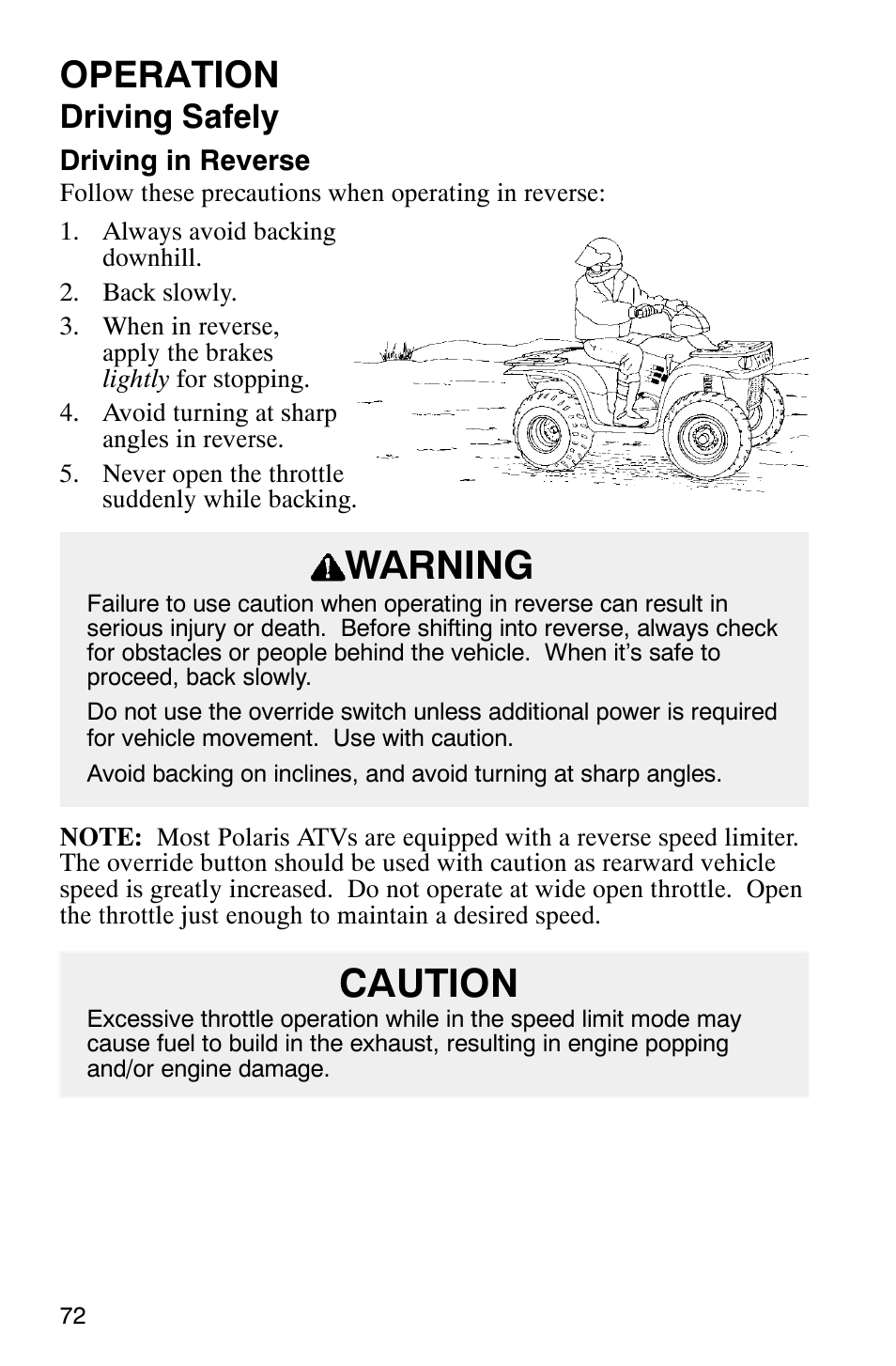 Warning, Caution, Operation | Driving safely | Polaris Scrambler 500 User Manual | Page 74 / 153