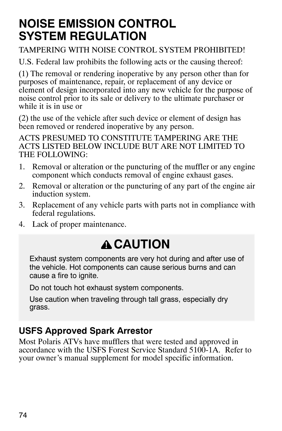 Caution, Noise emission control system regulation | Polaris Scrambler 500 User Manual | Page 76 / 153