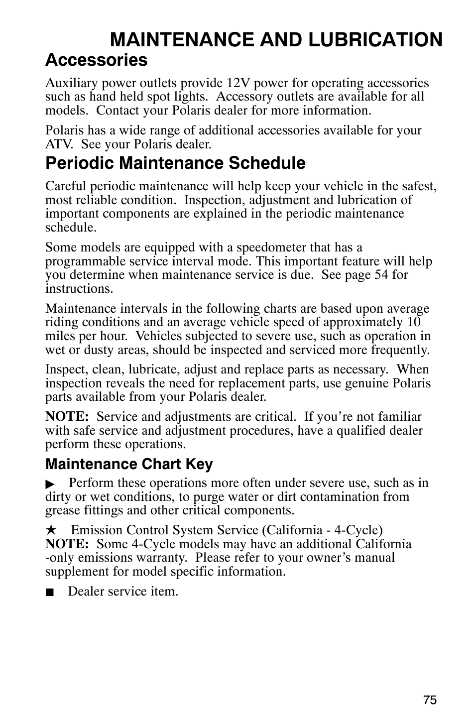 Maintenance and lubrication, Accessories, Periodic maintenance schedule | Polaris Scrambler 500 User Manual | Page 77 / 153