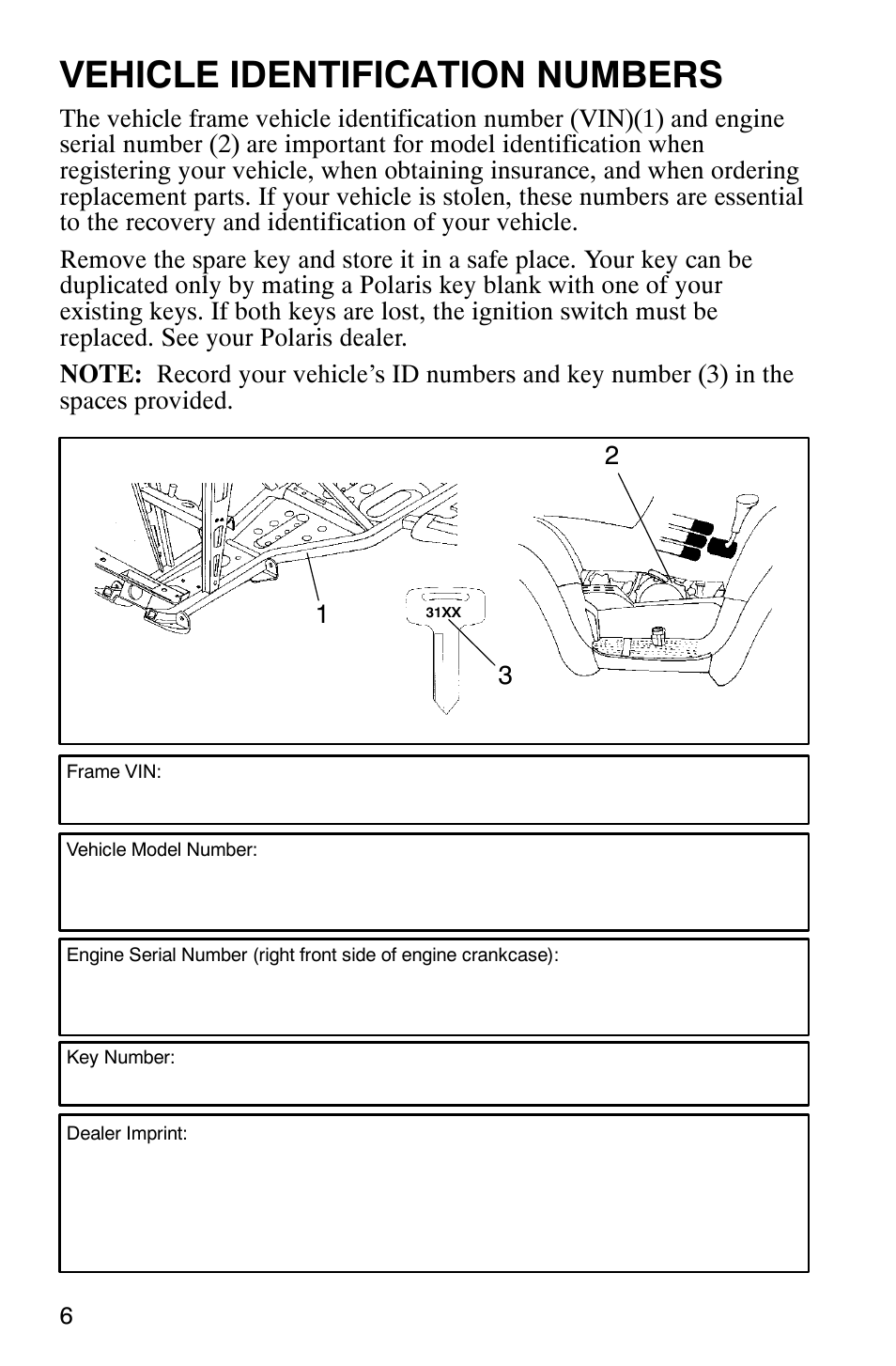 Vehicle identification numbers | Polaris Scrambler 500 User Manual | Page 8 / 153