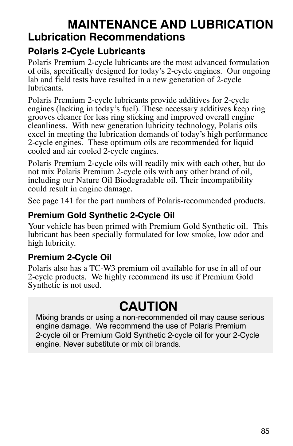 Caution, Maintenance and lubrication, Lubrication recommendations | Polaris Scrambler 500 User Manual | Page 87 / 153