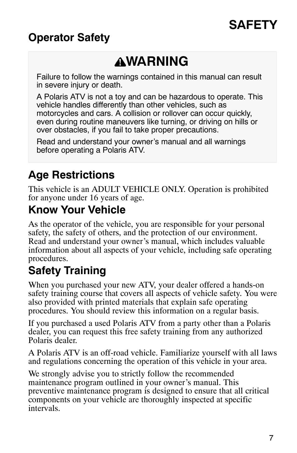 Warning, Safety, Operator safety age restrictions | Know your vehicle, Safety training | Polaris Scrambler 500 User Manual | Page 9 / 153