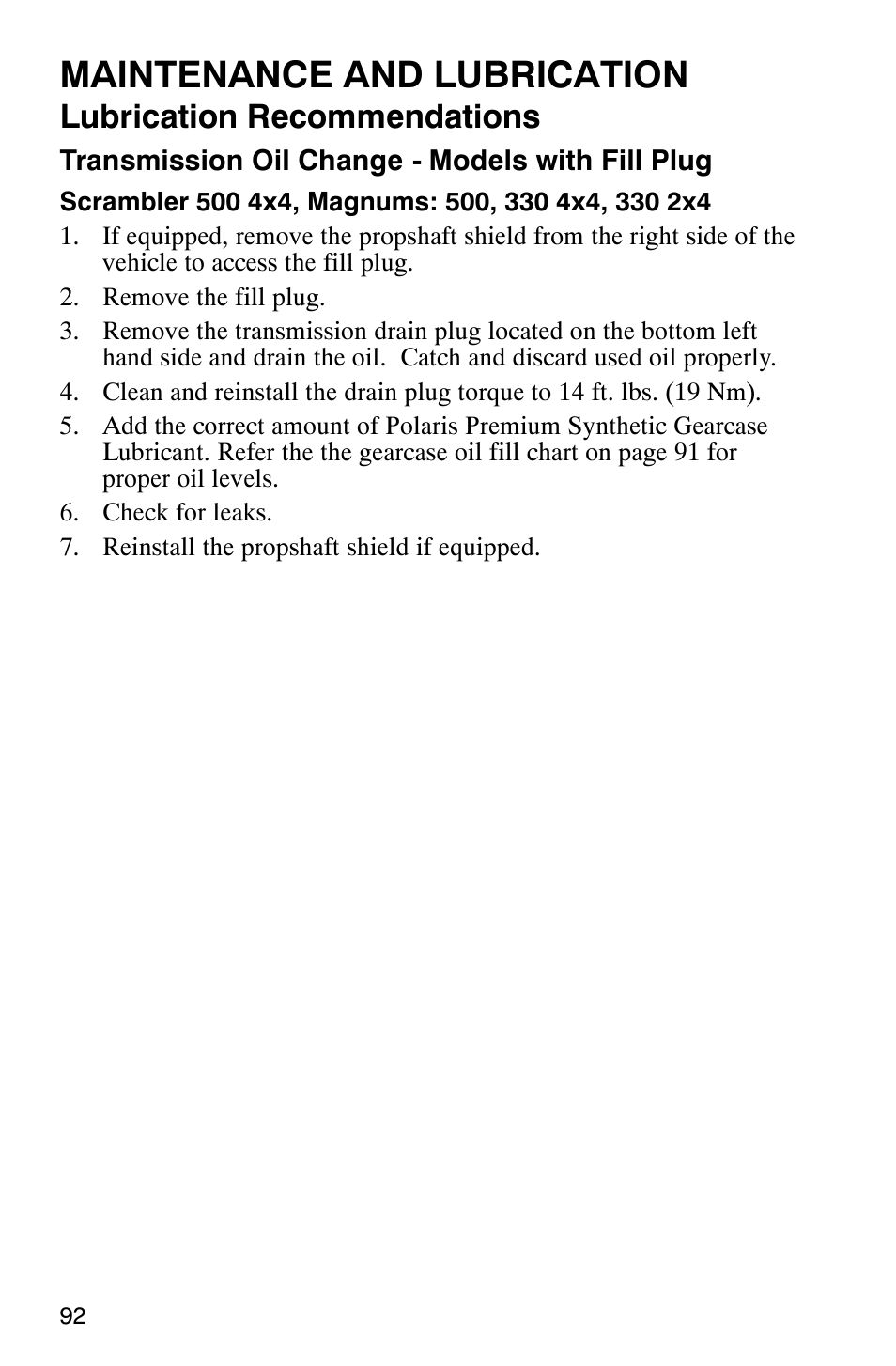 Maintenance and lubrication, Lubrication recommendations | Polaris Scrambler 500 User Manual | Page 94 / 153