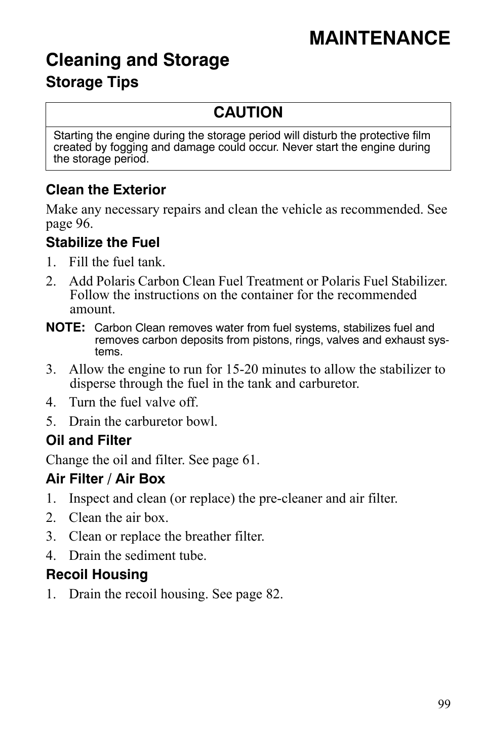 Maintenance, Cleaning and storage, Storage tips | Caution | Polaris Hawkeye 2x4 User Manual | Page 101 / 125