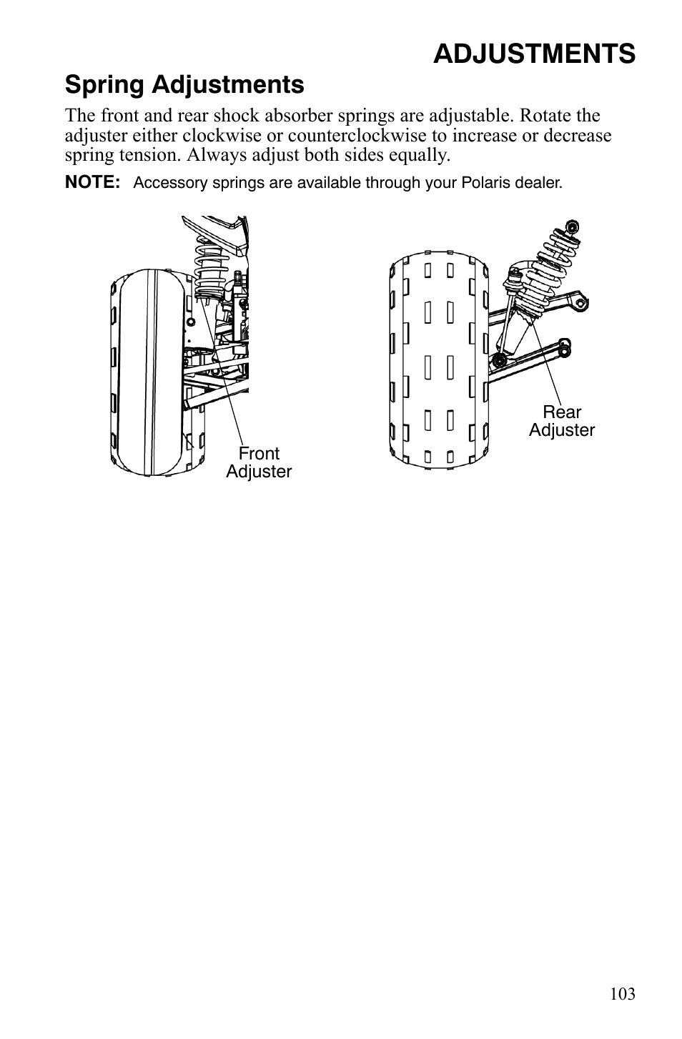 Adjustments, Spring adjustments | Polaris Hawkeye 2x4 User Manual | Page 105 / 125