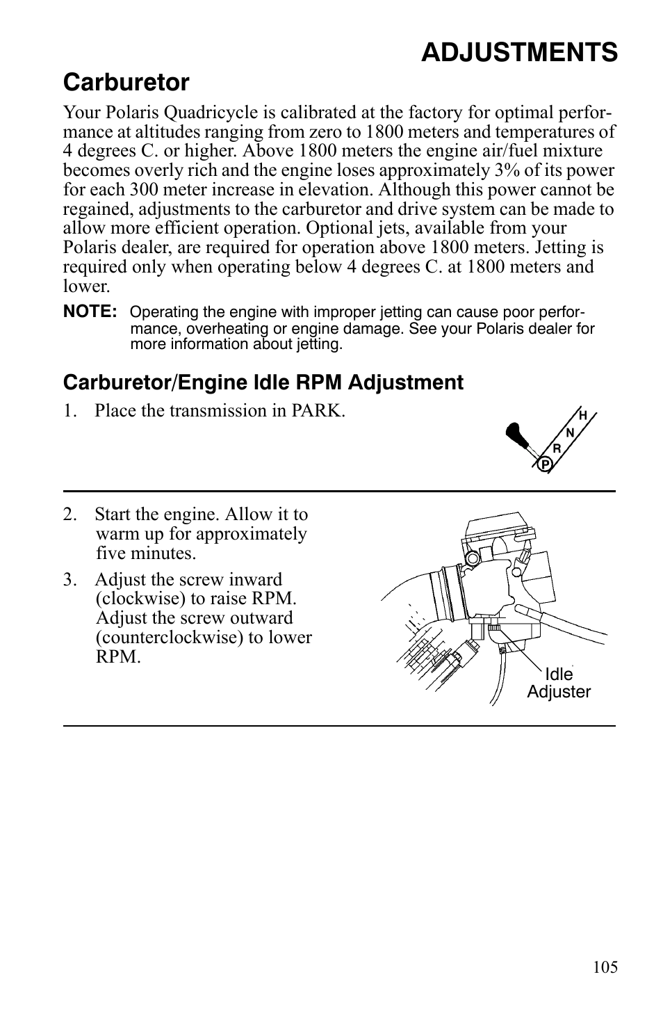 Adjustments, Carburetor | Polaris Hawkeye 2x4 User Manual | Page 107 / 125