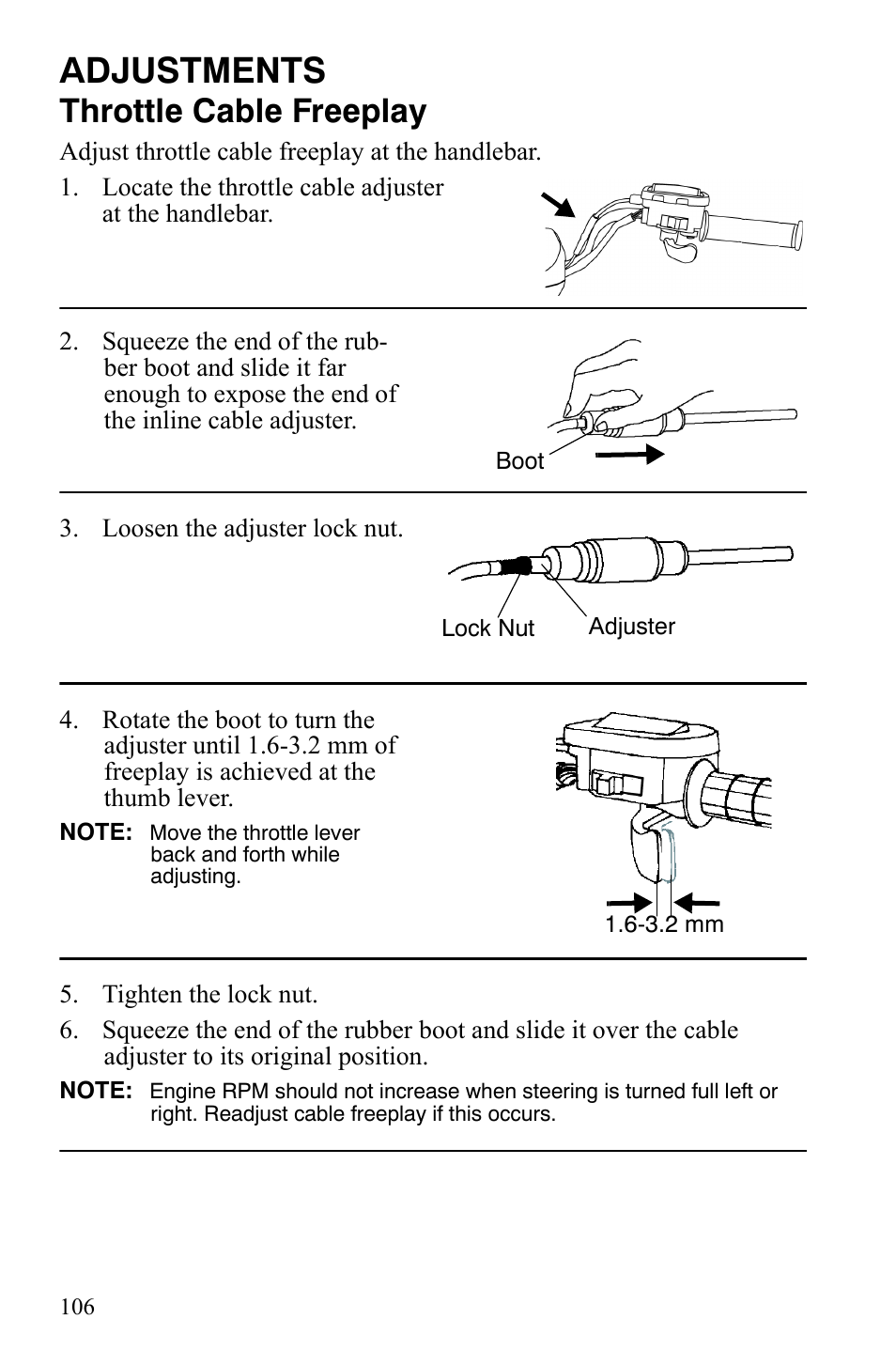 Adjustments, Throttle cable freeplay | Polaris Hawkeye 2x4 User Manual | Page 108 / 125