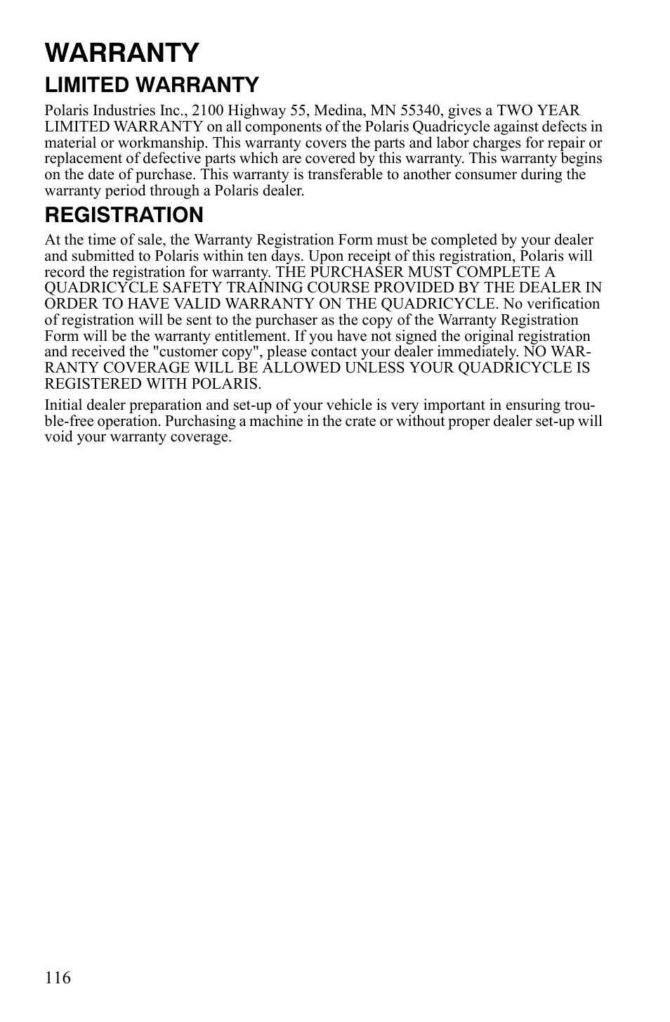 Warranty, Limited warranty, Registration | Polaris Hawkeye 2x4 User Manual | Page 118 / 125
