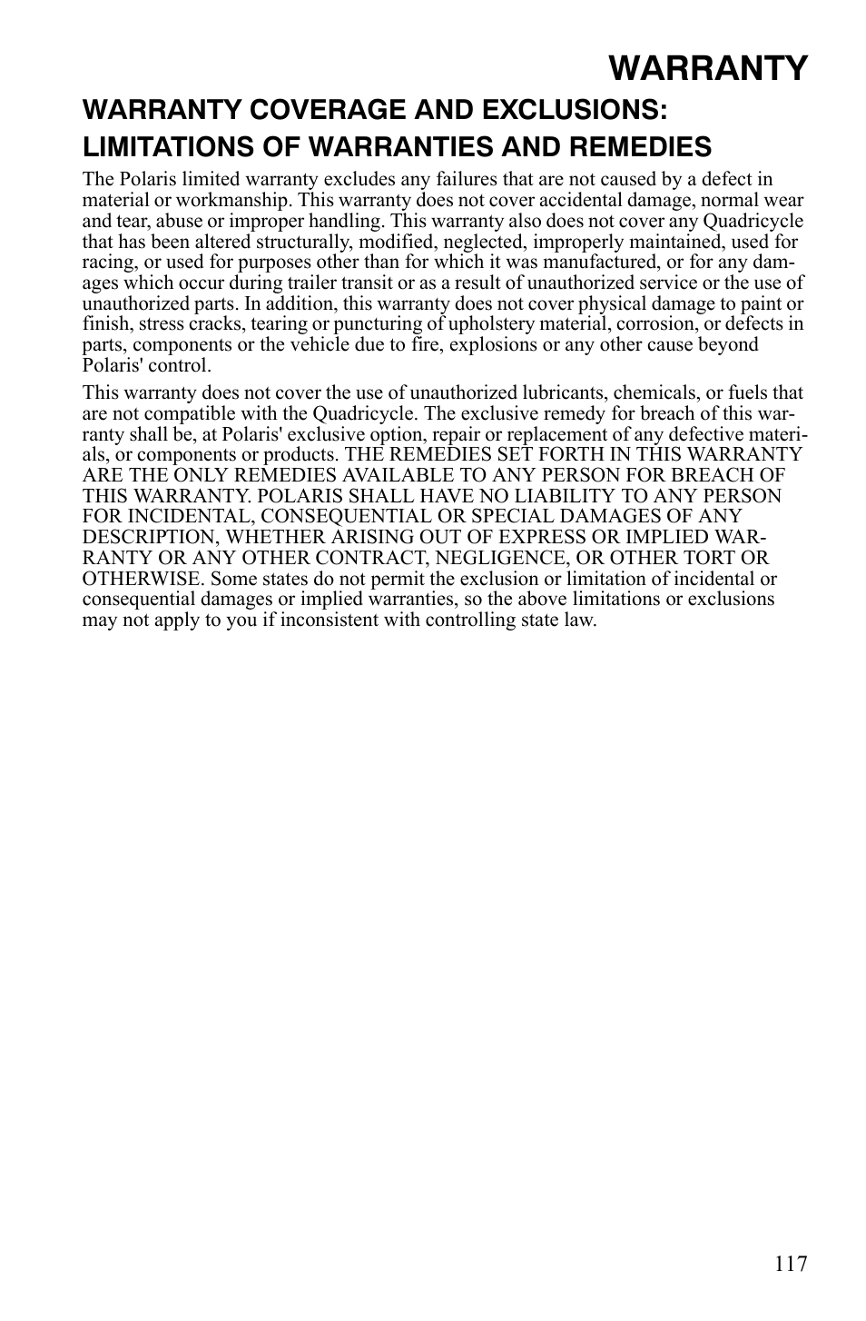 Warranty | Polaris Hawkeye 2x4 User Manual | Page 119 / 125