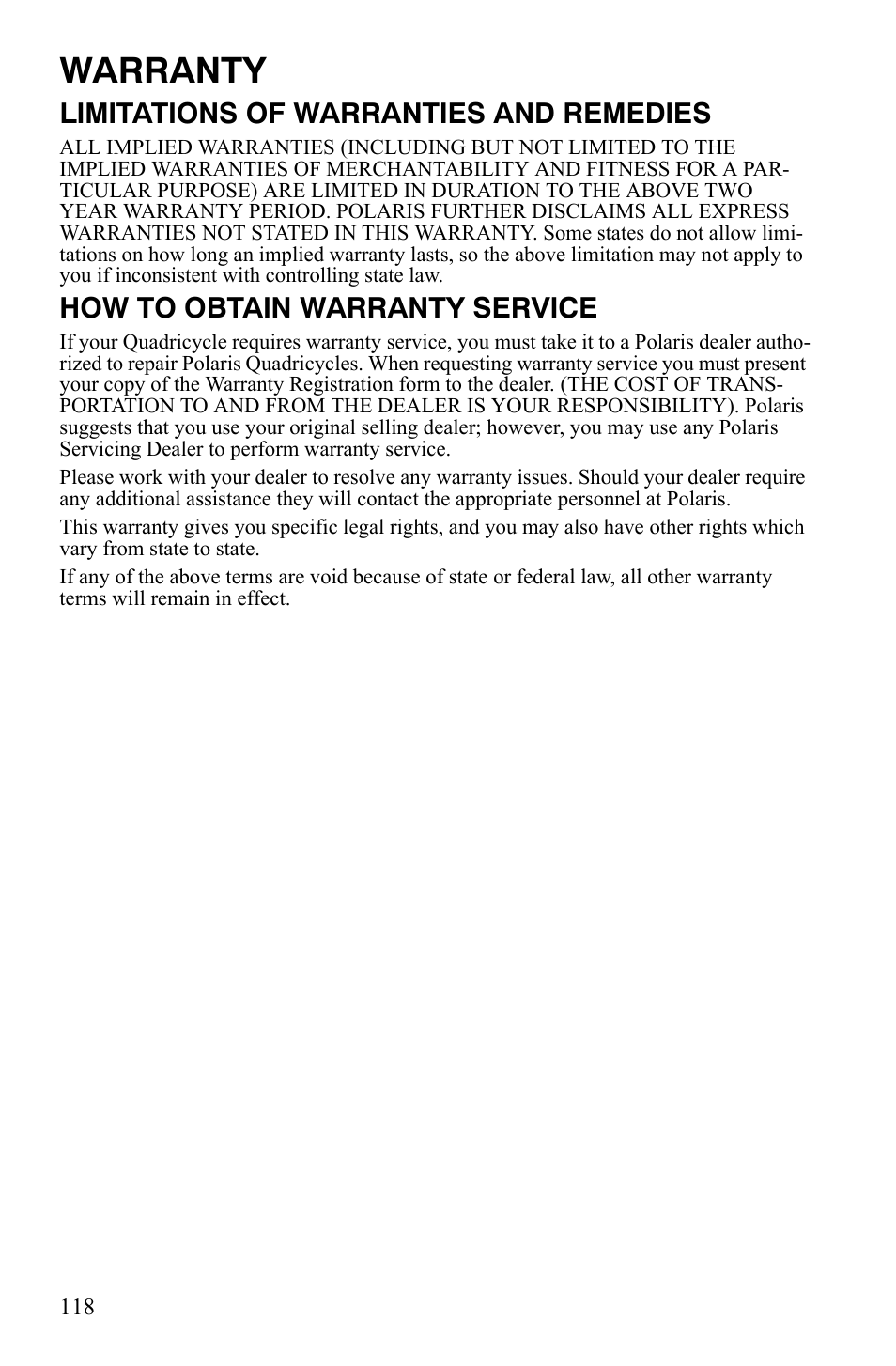 Warranty, Limitations of warranties and remedies, How to obtain warranty service | Polaris Hawkeye 2x4 User Manual | Page 120 / 125