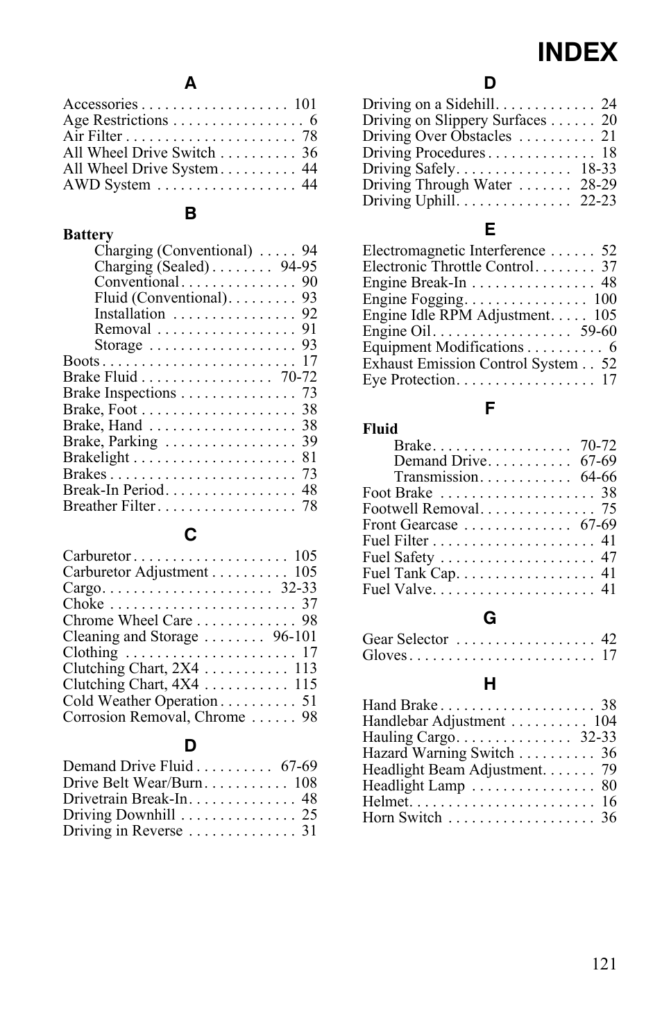 Index | Polaris Hawkeye 2x4 User Manual | Page 123 / 125