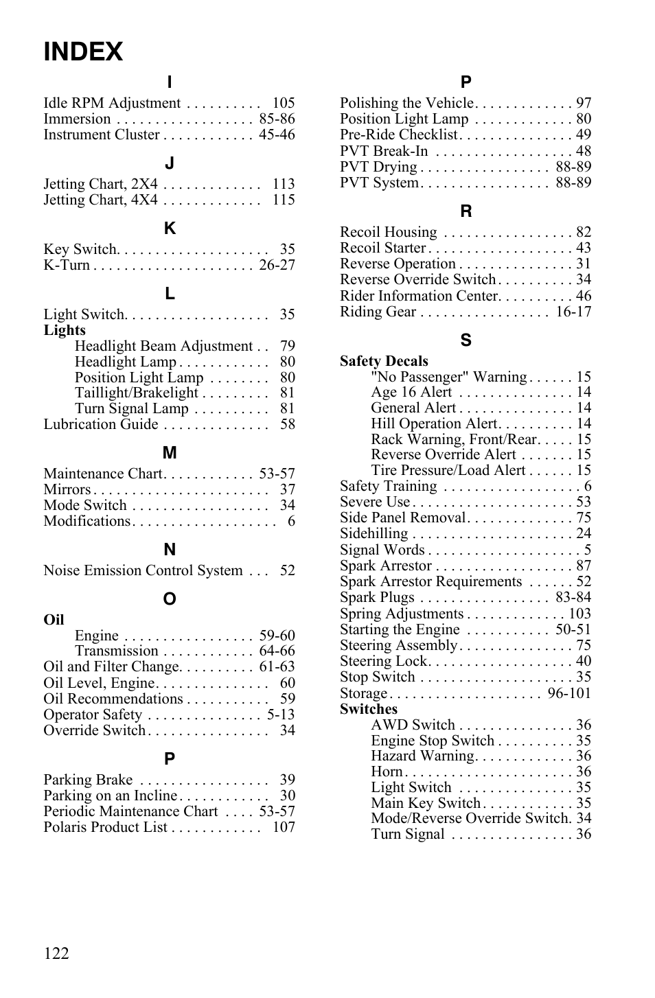 Index | Polaris Hawkeye 2x4 User Manual | Page 124 / 125