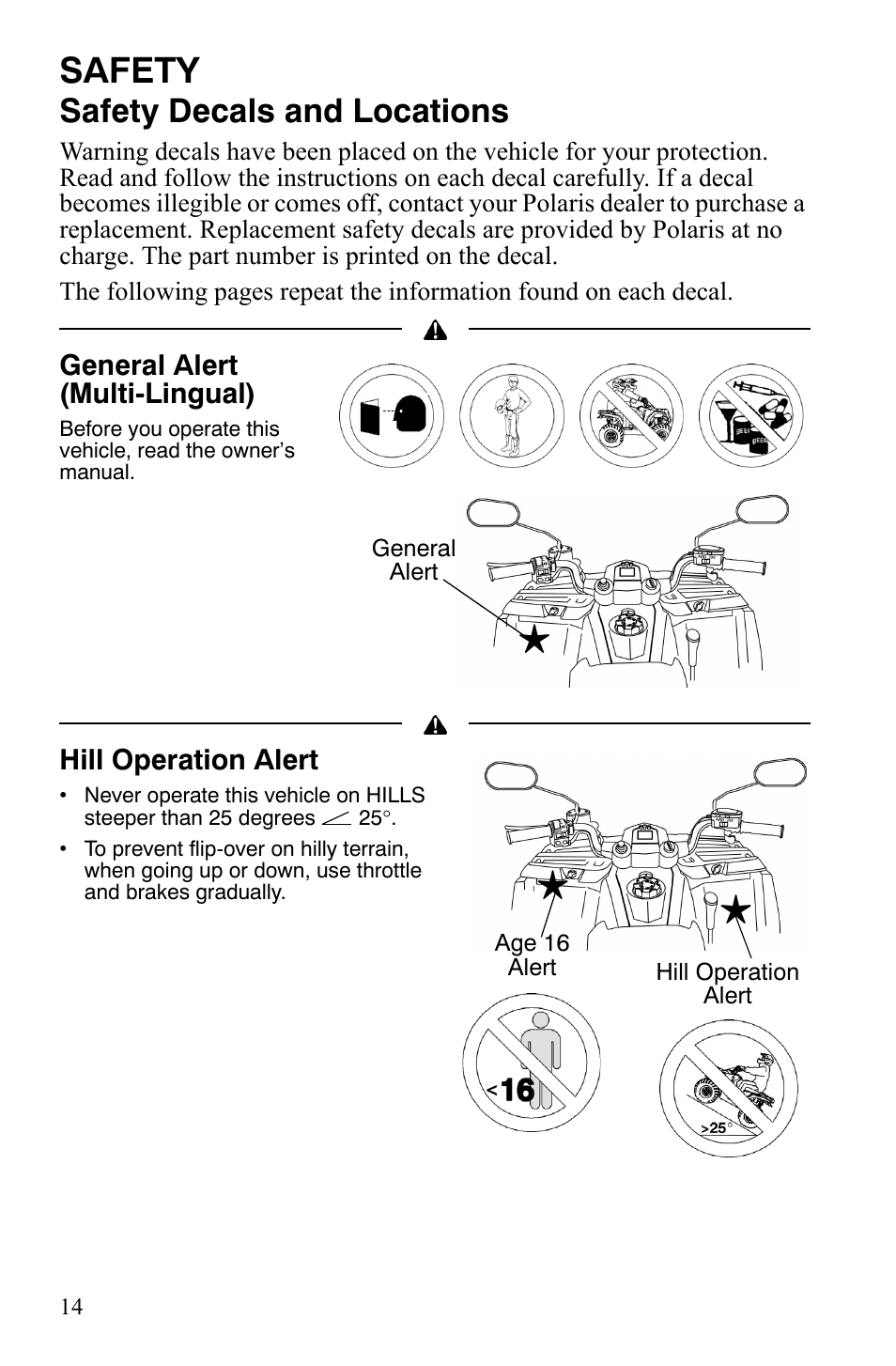 Safety, Safety decals and locations | Polaris Hawkeye 2x4 User Manual | Page 16 / 125