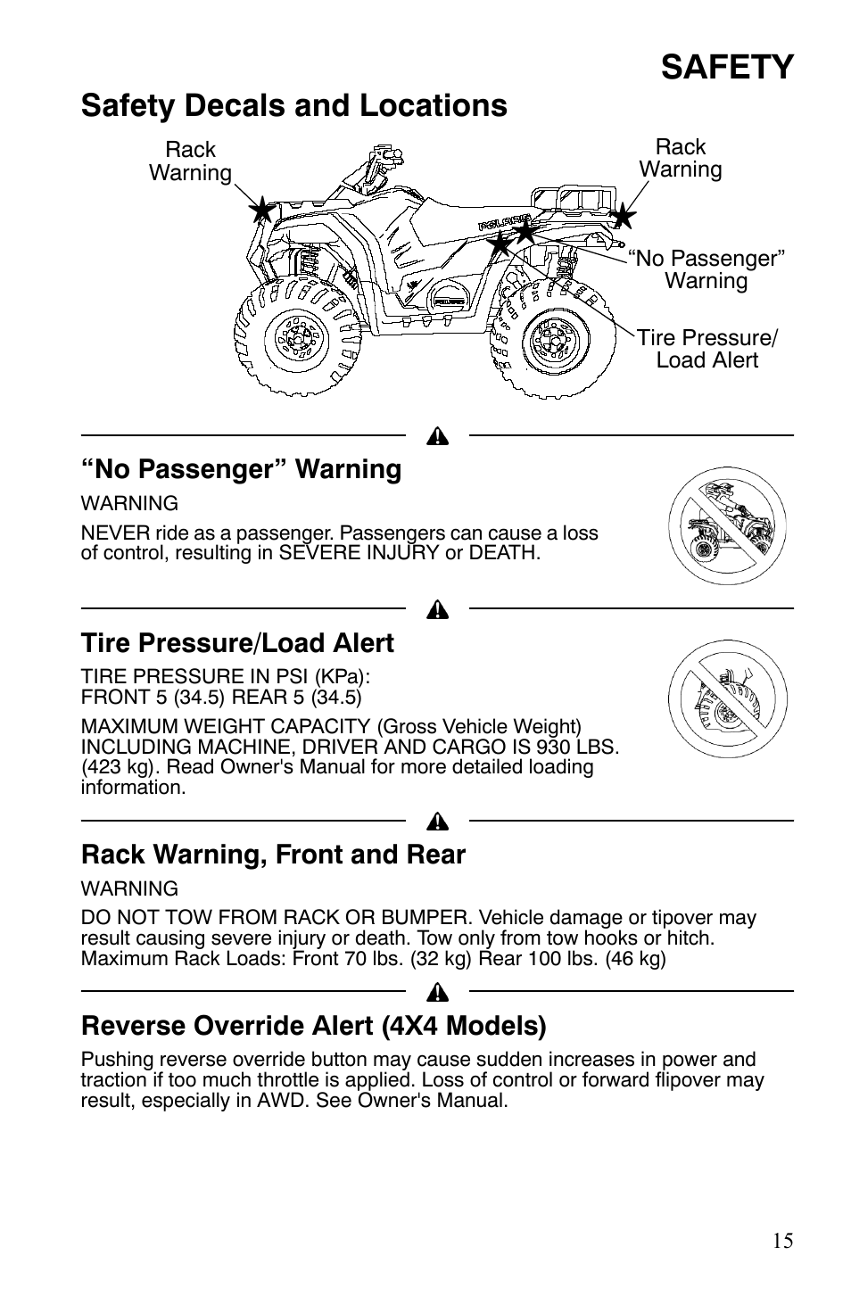 Safety, Safety decals and locations | Polaris Hawkeye 2x4 User Manual | Page 17 / 125