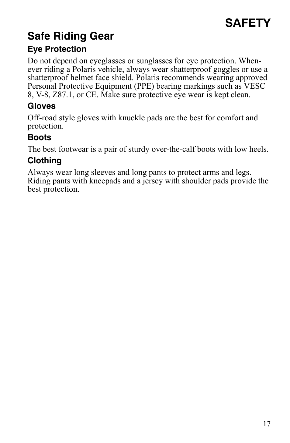 Safety, Safe riding gear | Polaris Hawkeye 2x4 User Manual | Page 19 / 125