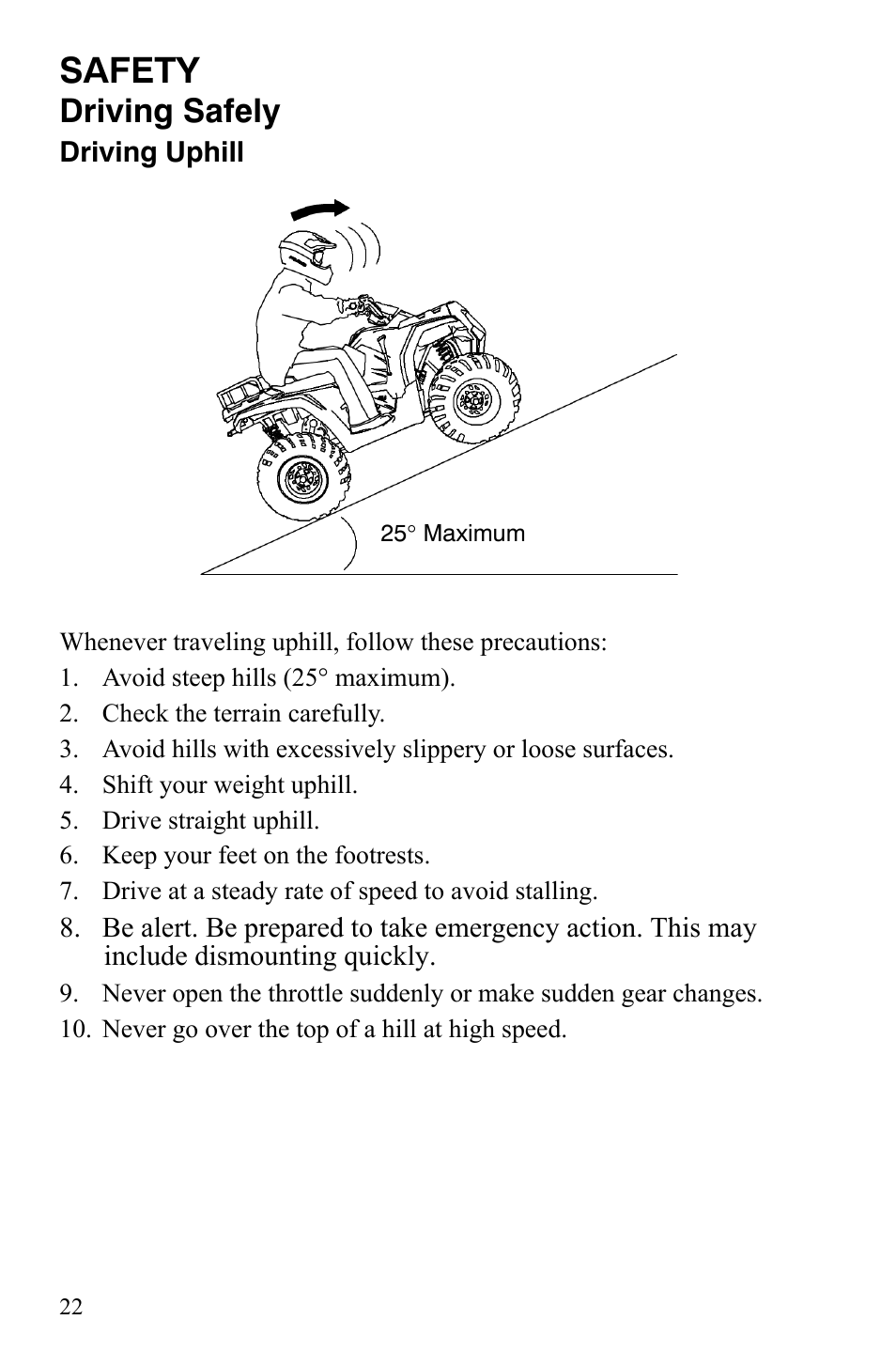 Safety, Driving safely | Polaris Hawkeye 2x4 User Manual | Page 24 / 125