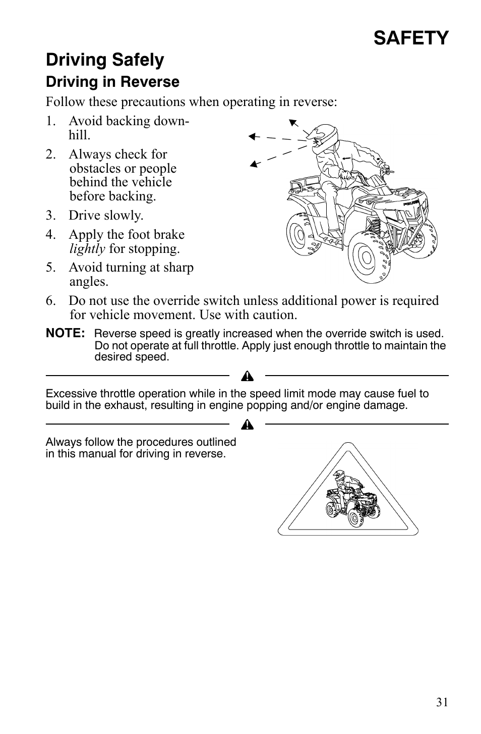 Safety, Driving safely, Driving in reverse | Polaris Hawkeye 2x4 User Manual | Page 33 / 125