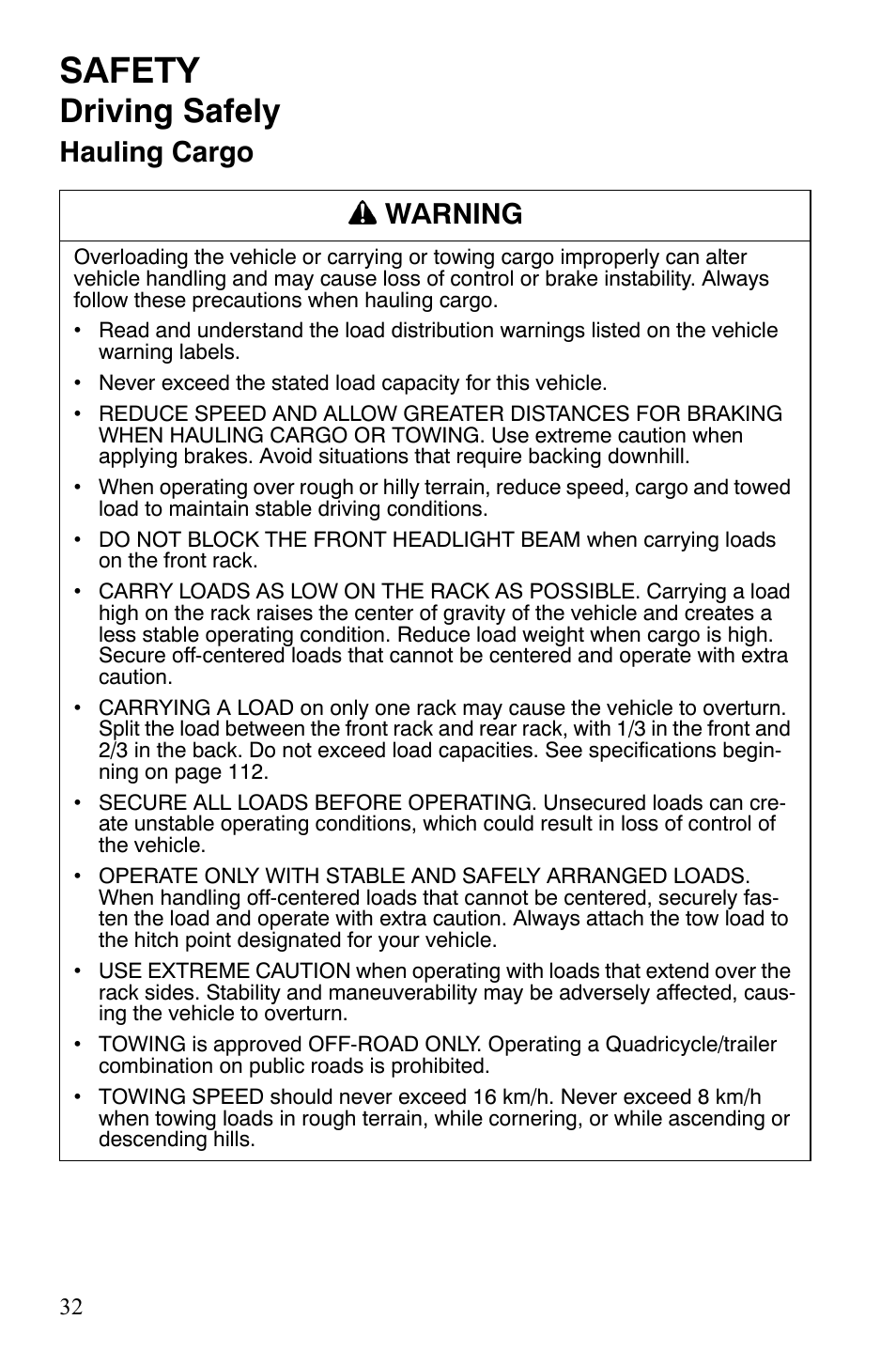 Safety, Driving safely, Hauling cargo warning | Polaris Hawkeye 2x4 User Manual | Page 34 / 125