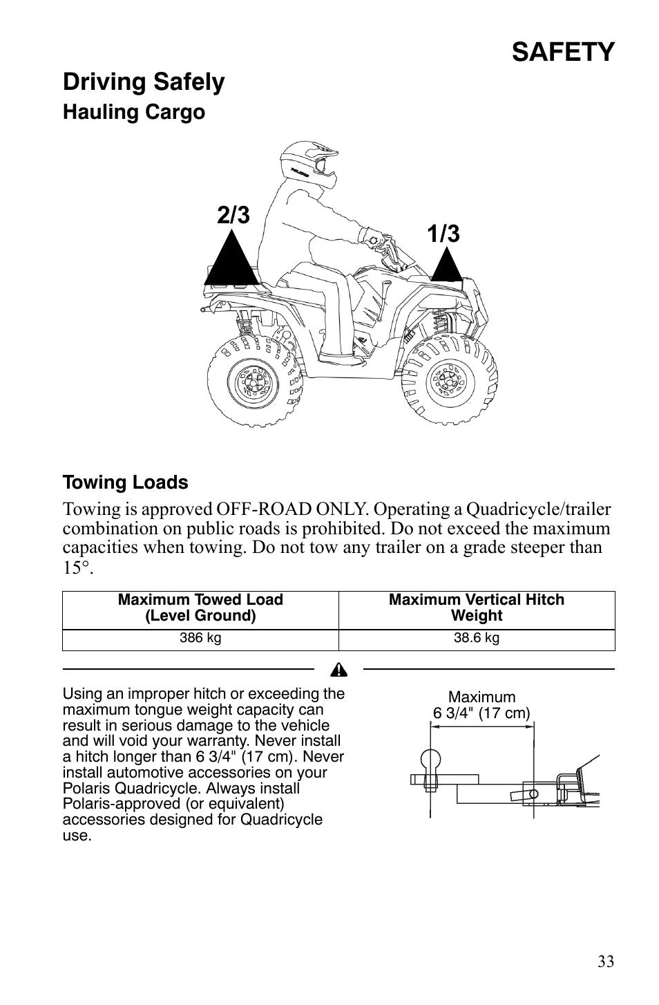 Safety, Driving safely, Hauling cargo | Polaris Hawkeye 2x4 User Manual | Page 35 / 125