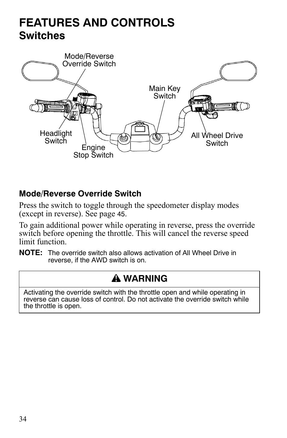 Features and controls, Switches, Warning | Polaris Hawkeye 2x4 User Manual | Page 36 / 125