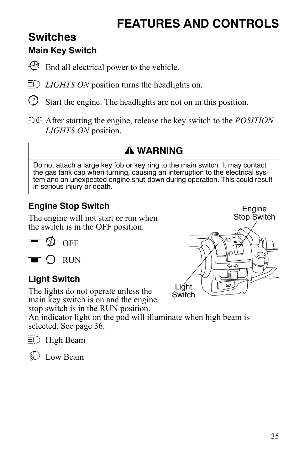 Features and controls, Switches | Polaris Hawkeye 2x4 User Manual | Page 37 / 125
