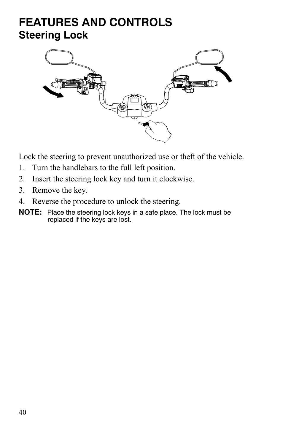 Features and controls, Steering lock | Polaris Hawkeye 2x4 User Manual | Page 42 / 125
