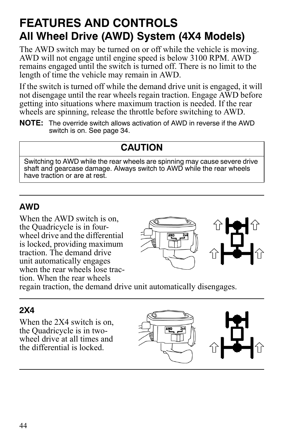 Features and controls, All wheel drive (awd) system (4x4 models) | Polaris Hawkeye 2x4 User Manual | Page 46 / 125