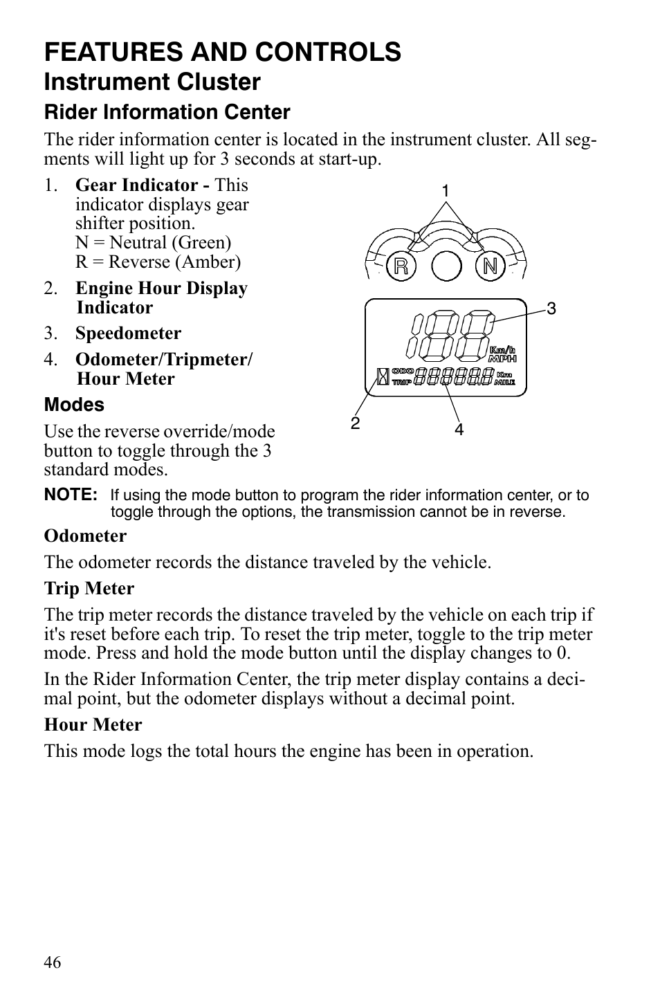 Features and controls, Instrument cluster | Polaris Hawkeye 2x4 User Manual | Page 48 / 125