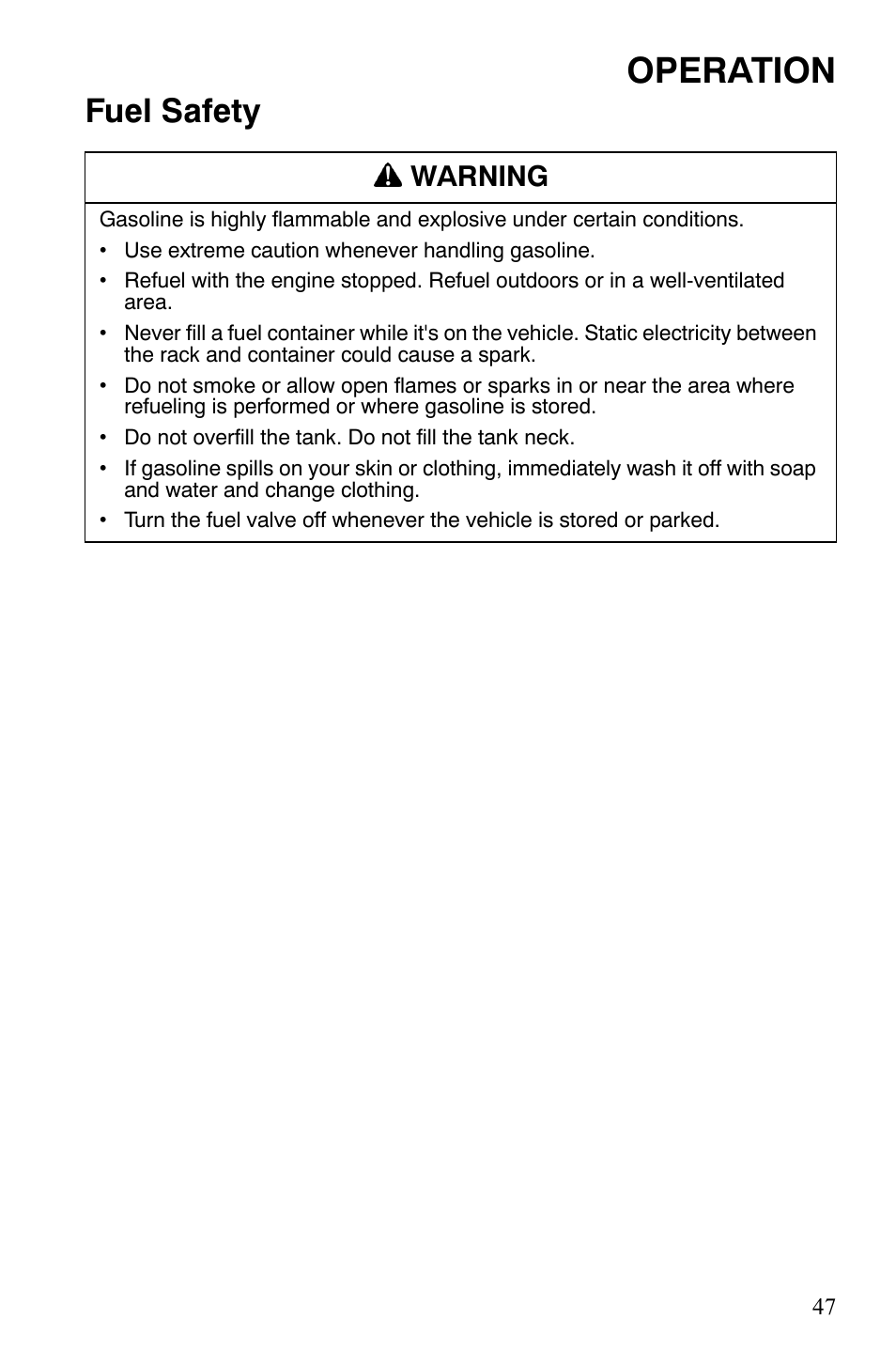 Operation, Fuel safety, Warning | Polaris Hawkeye 2x4 User Manual | Page 49 / 125