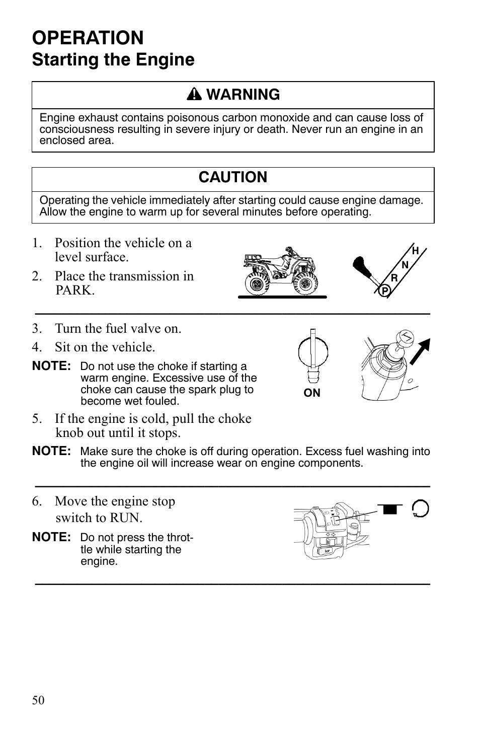 Operation, Starting the engine, Warning | Caution | Polaris Hawkeye 2x4 User Manual | Page 52 / 125
