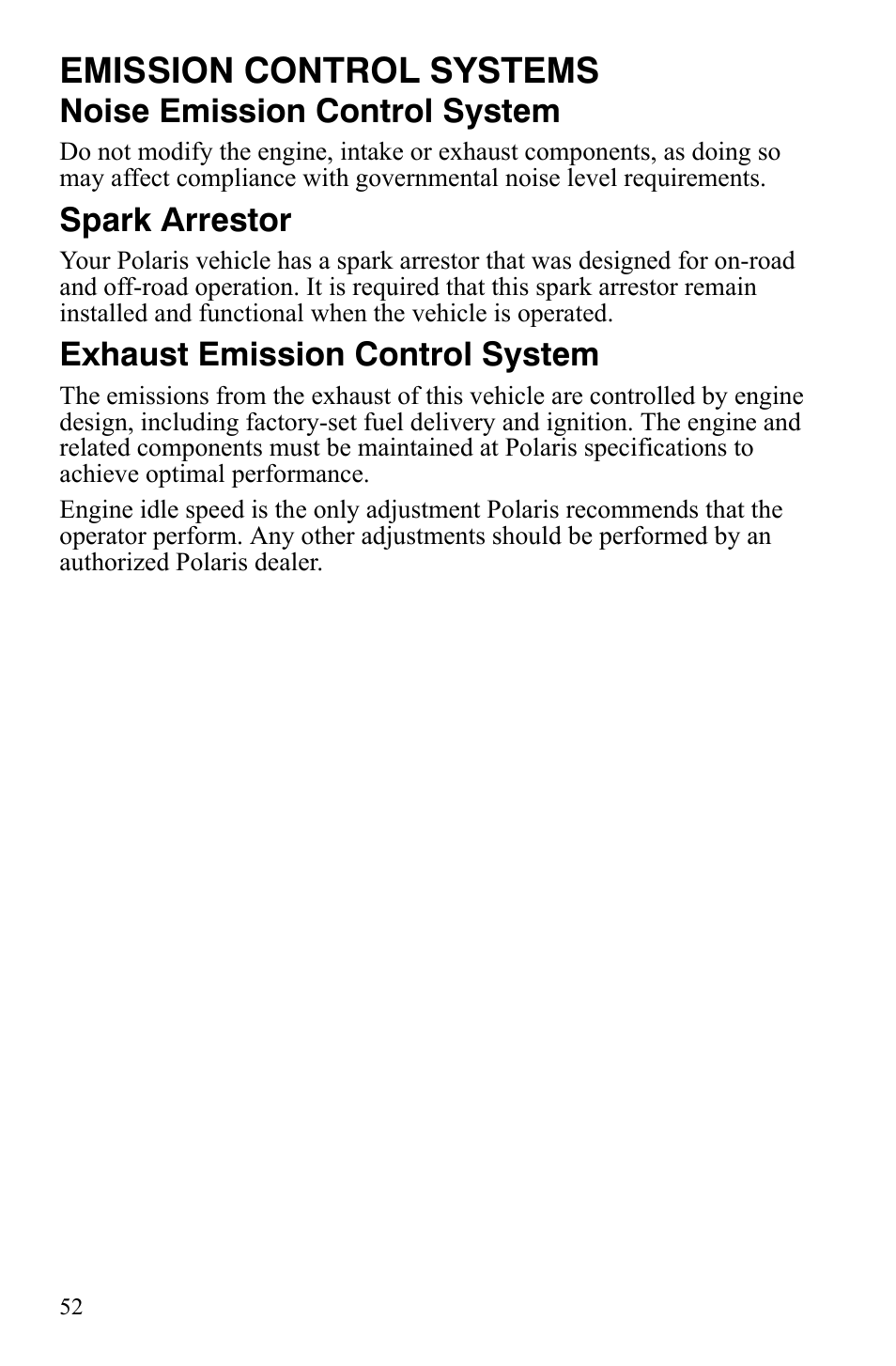 Emission control systems, Noise emission control system, Spark arrestor | Exhaust emission control system | Polaris Hawkeye 2x4 User Manual | Page 54 / 125