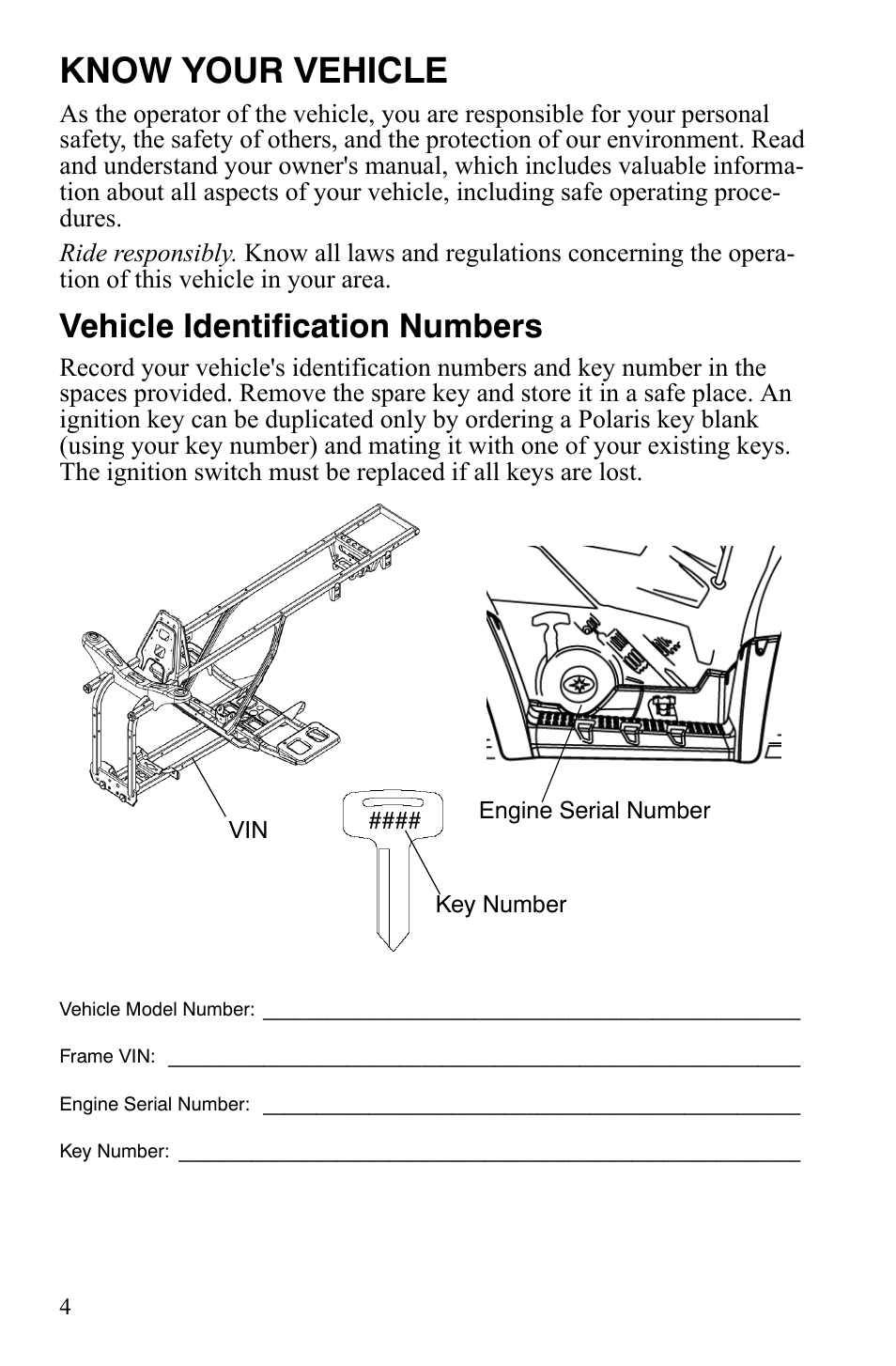 Know your vehicle, Vehicle identification numbers | Polaris Hawkeye 2x4 User Manual | Page 6 / 125