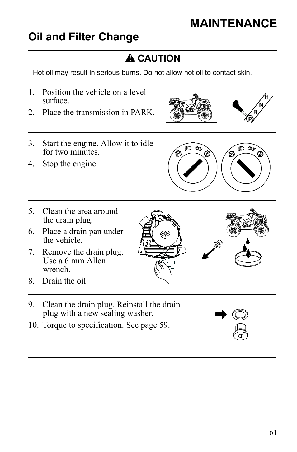 Maintenance, Oil and filter change | Polaris Hawkeye 2x4 User Manual | Page 63 / 125