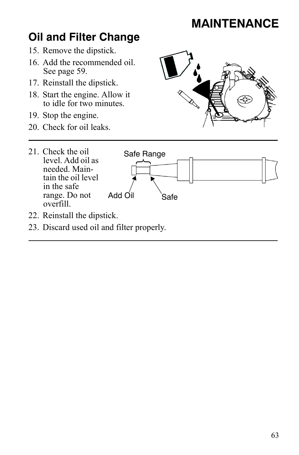 Maintenance, Oil and filter change | Polaris Hawkeye 2x4 User Manual | Page 65 / 125