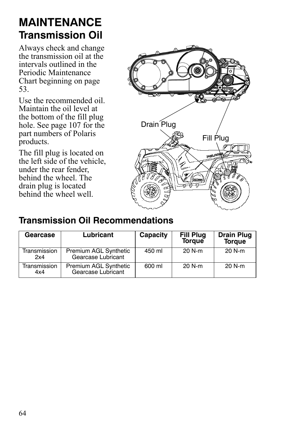 Maintenance, Transmission oil, Transmission oil recommendations | Polaris Hawkeye 2x4 User Manual | Page 66 / 125