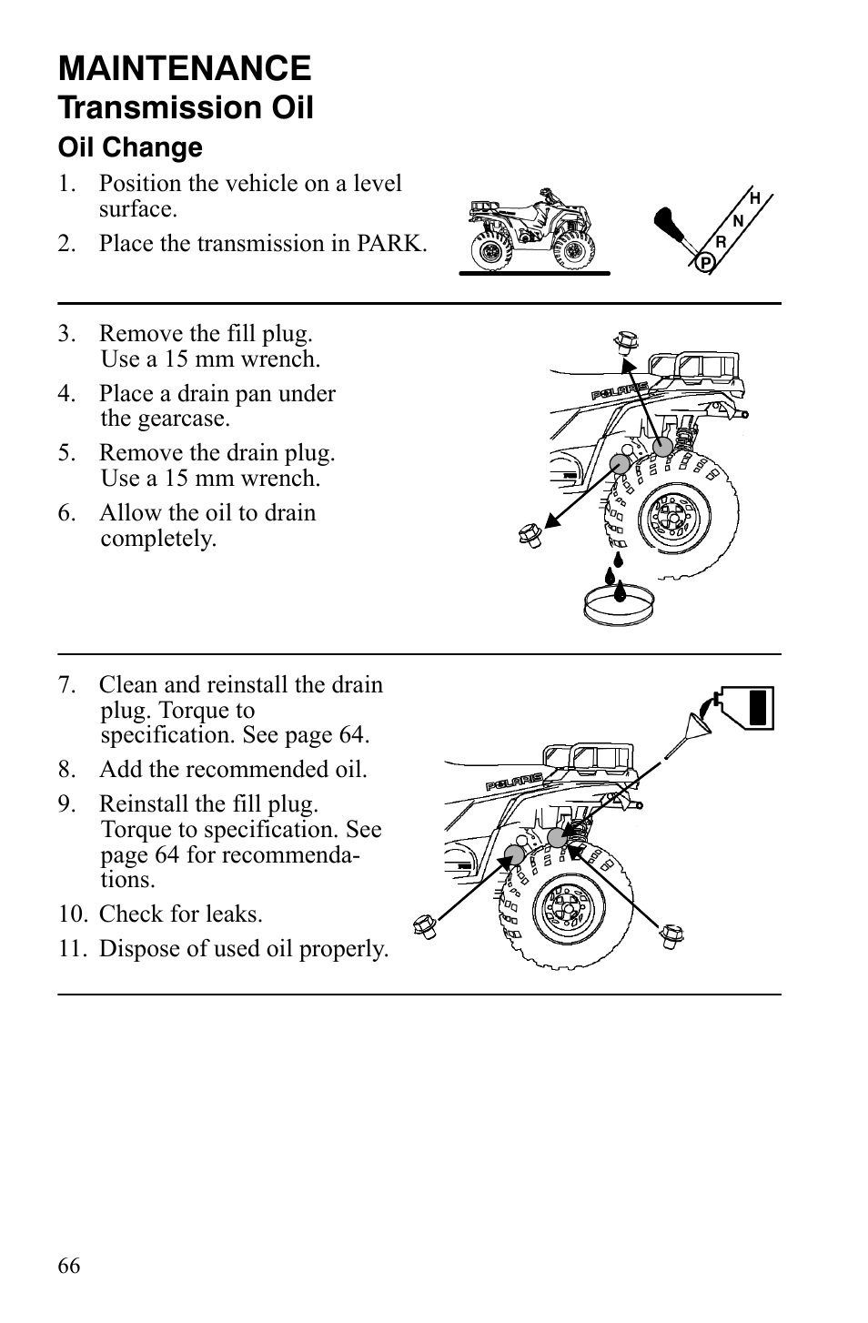 Maintenance, Transmission oil | Polaris Hawkeye 2x4 User Manual | Page 68 / 125