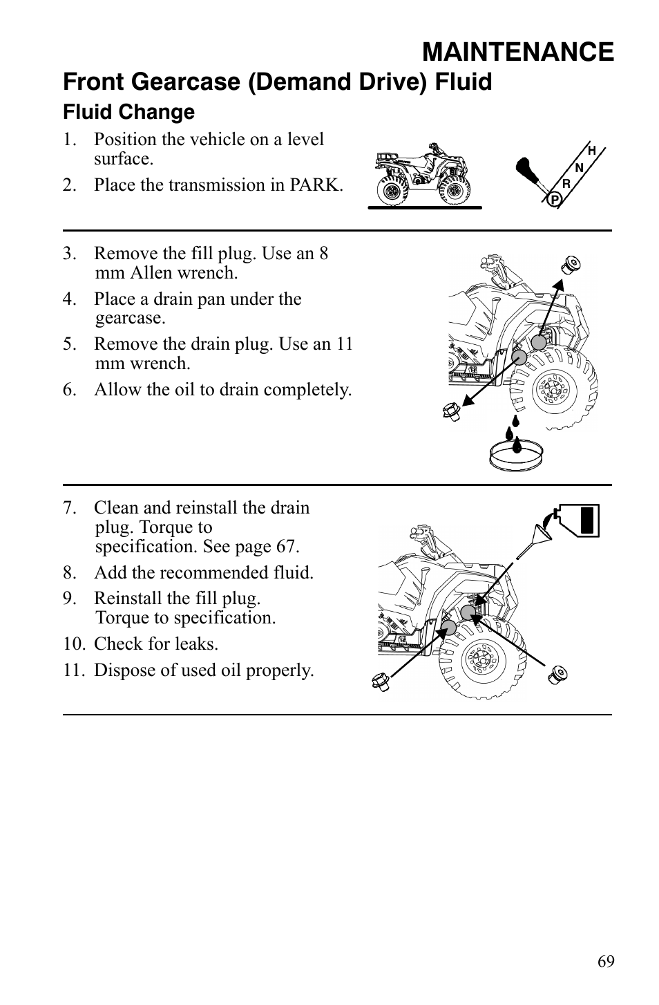 Maintenance, Front gearcase (demand drive) fluid | Polaris Hawkeye 2x4 User Manual | Page 71 / 125