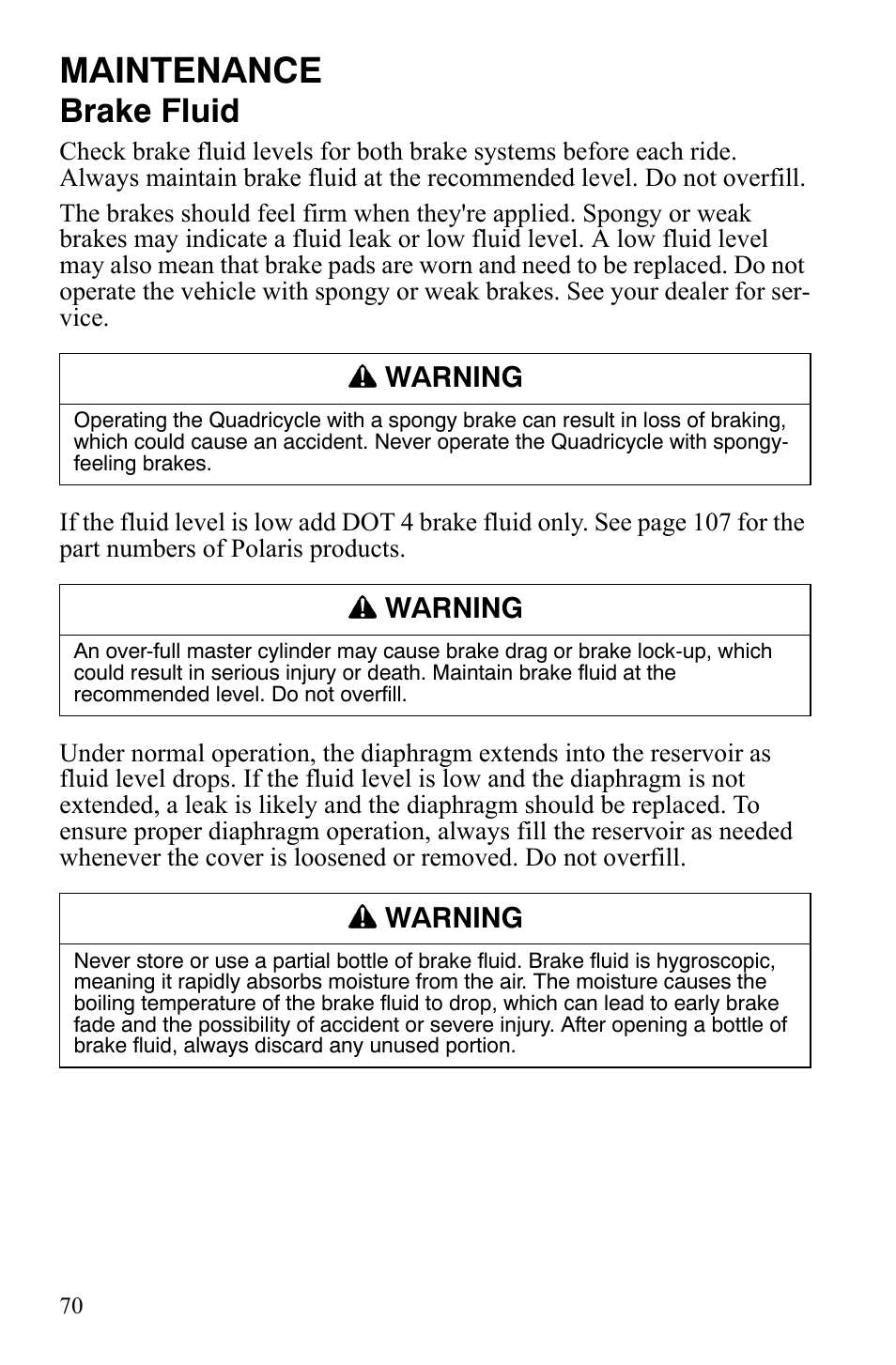 Maintenance, Brake fluid, Warning | Polaris Hawkeye 2x4 User Manual | Page 72 / 125