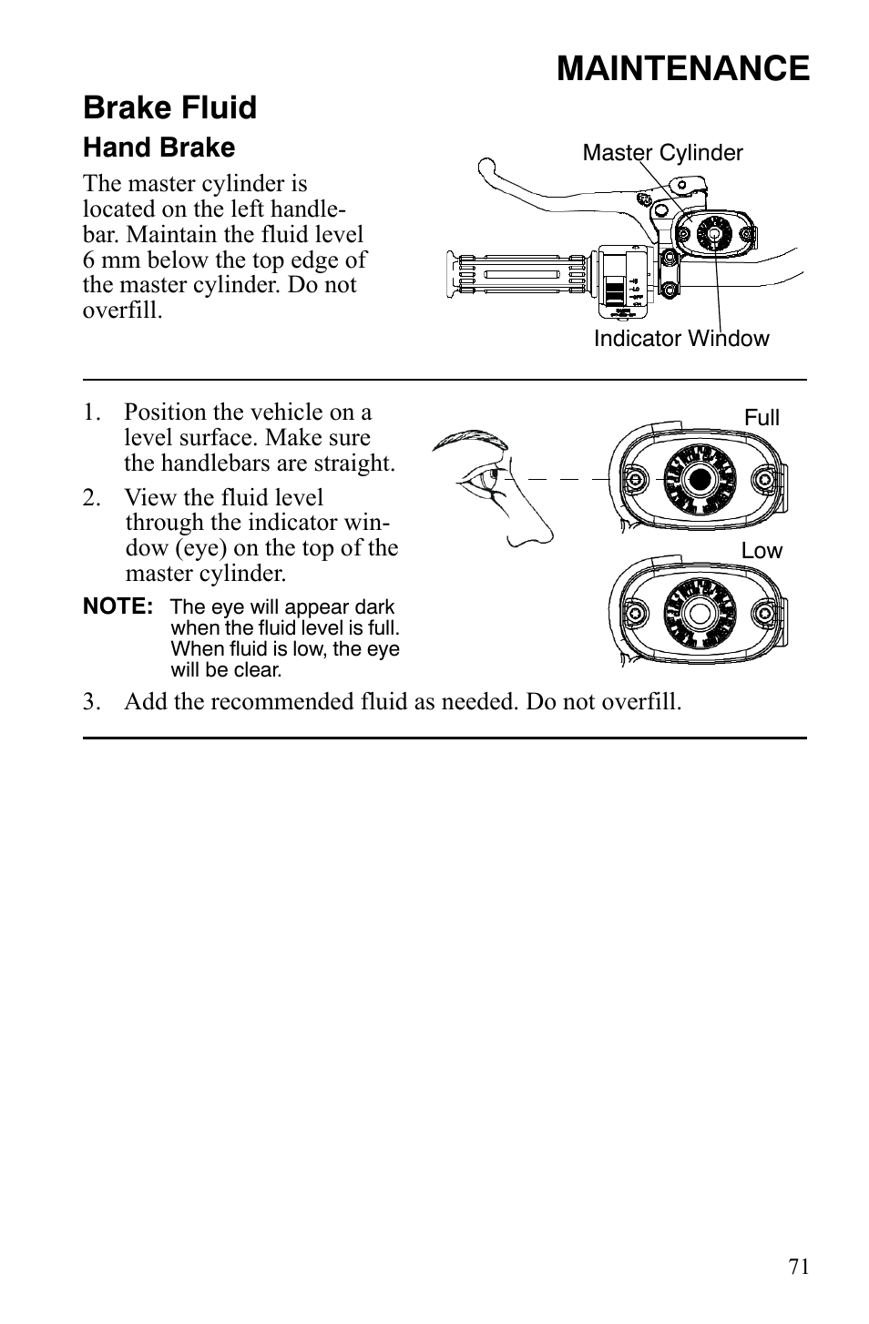 Maintenance, Brake fluid | Polaris Hawkeye 2x4 User Manual | Page 73 / 125